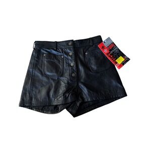 First Genuine Leather Women Black Button Fly Moto Shorts Size 4 NWT